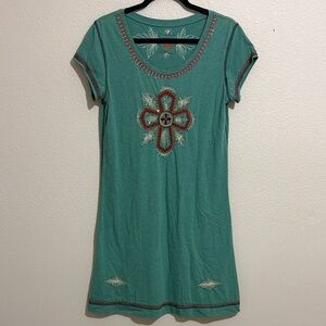 Double D Ranch Western Embroidered Heather Green Short Sleeve Women's Dress